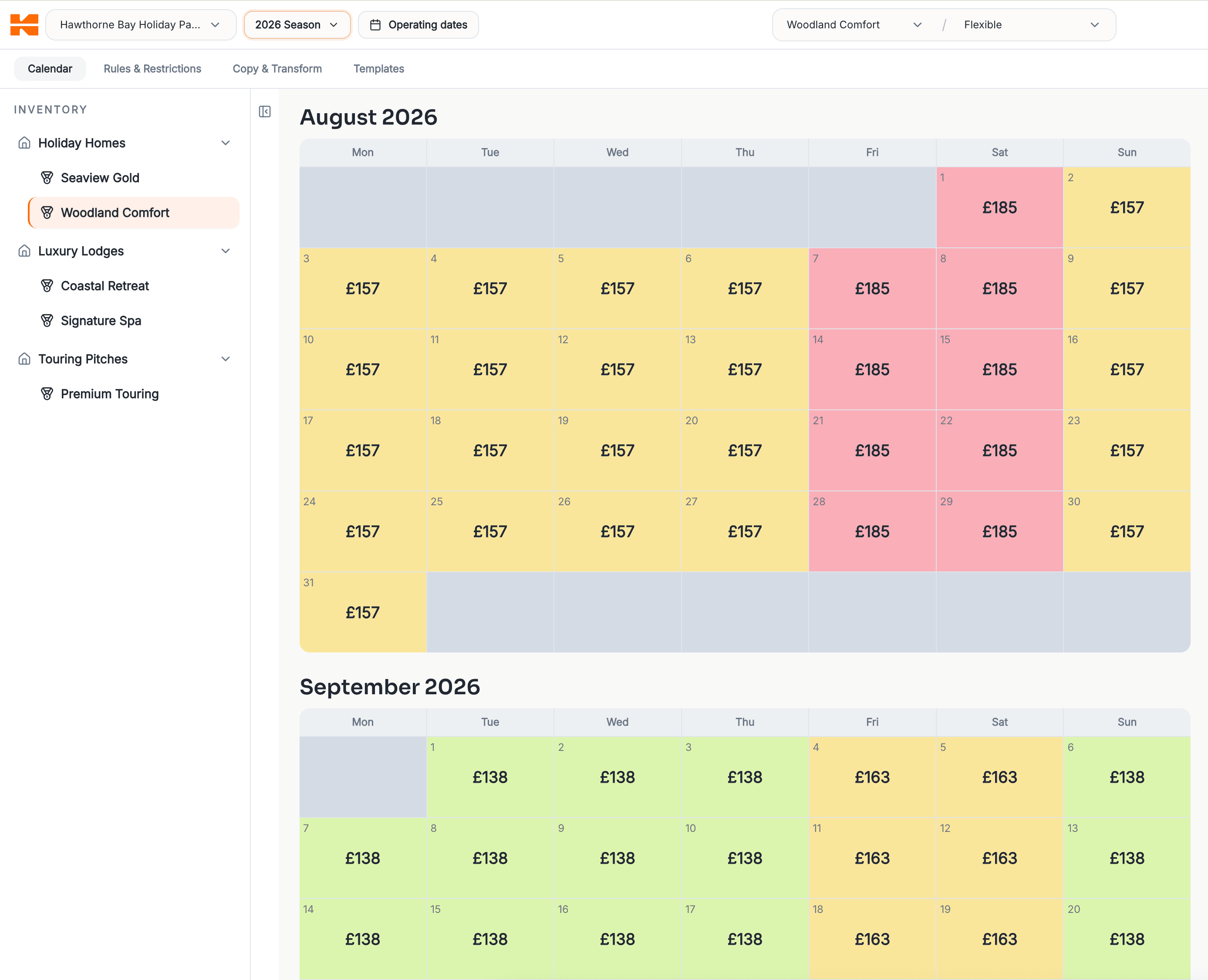 Keydesk pricing workspace showing nightly prices across August and September