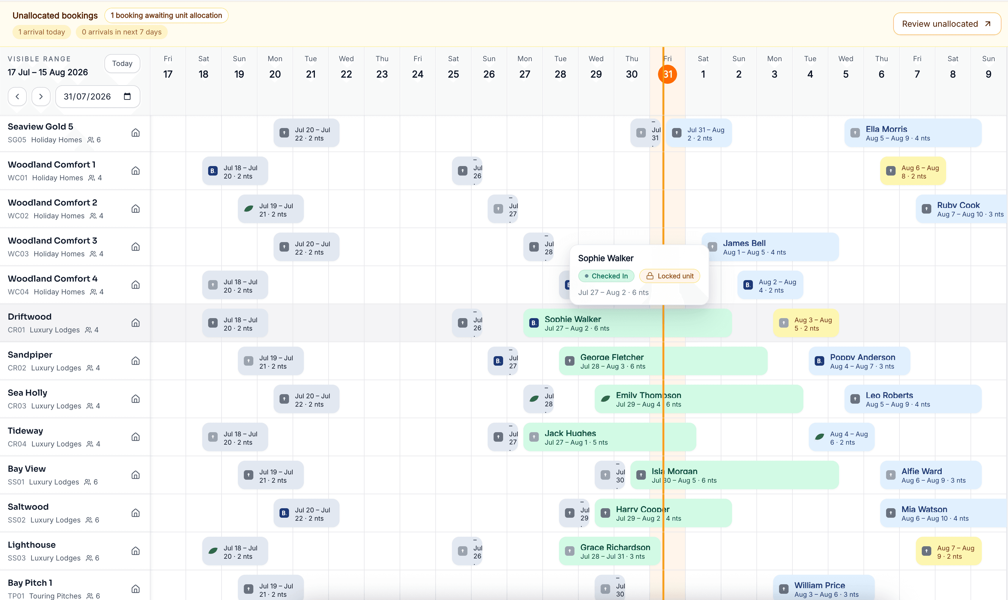 Keydesk booking calendar showing unit availability and reservations