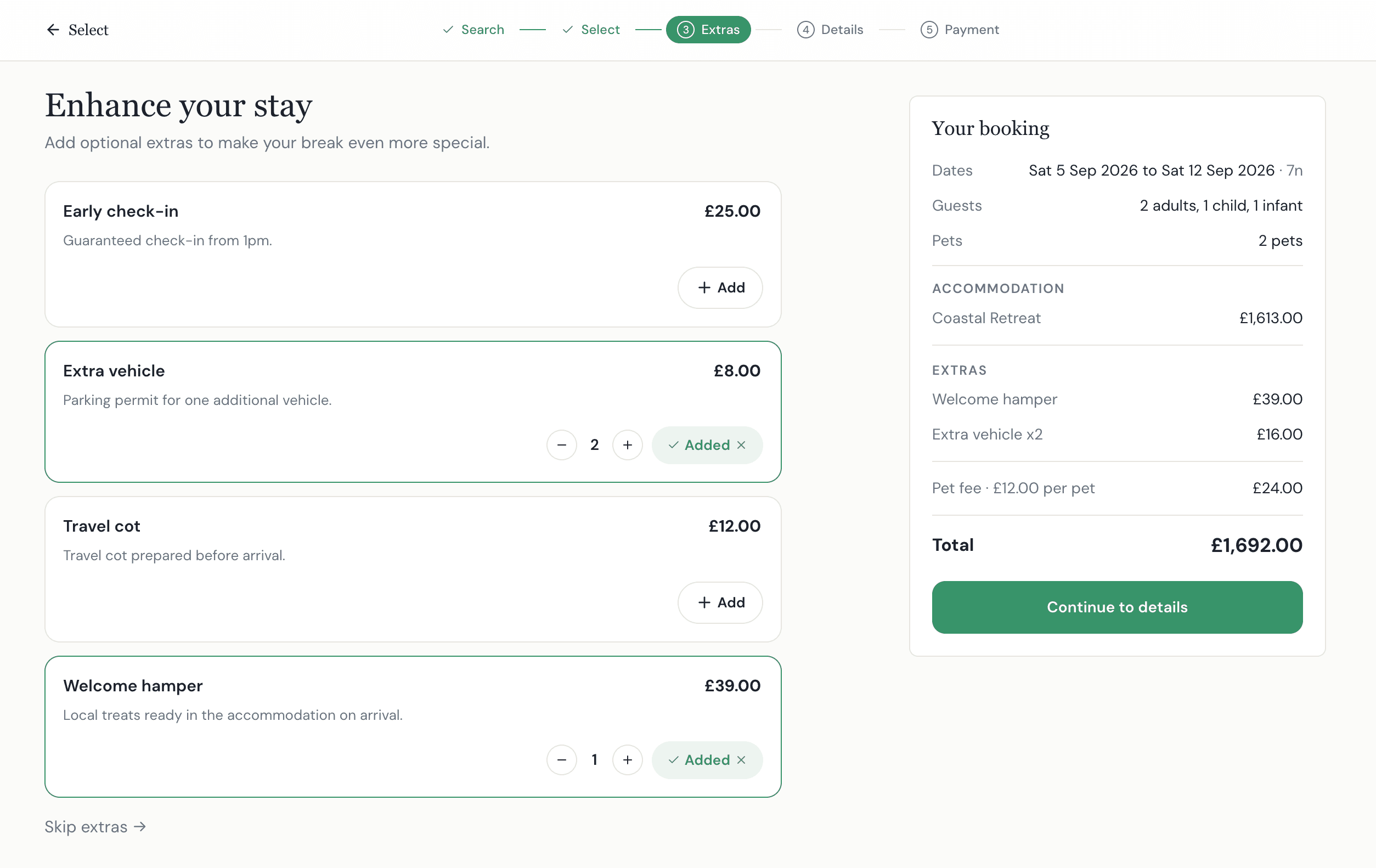 Keydesk guest booking journey showing selectable extras