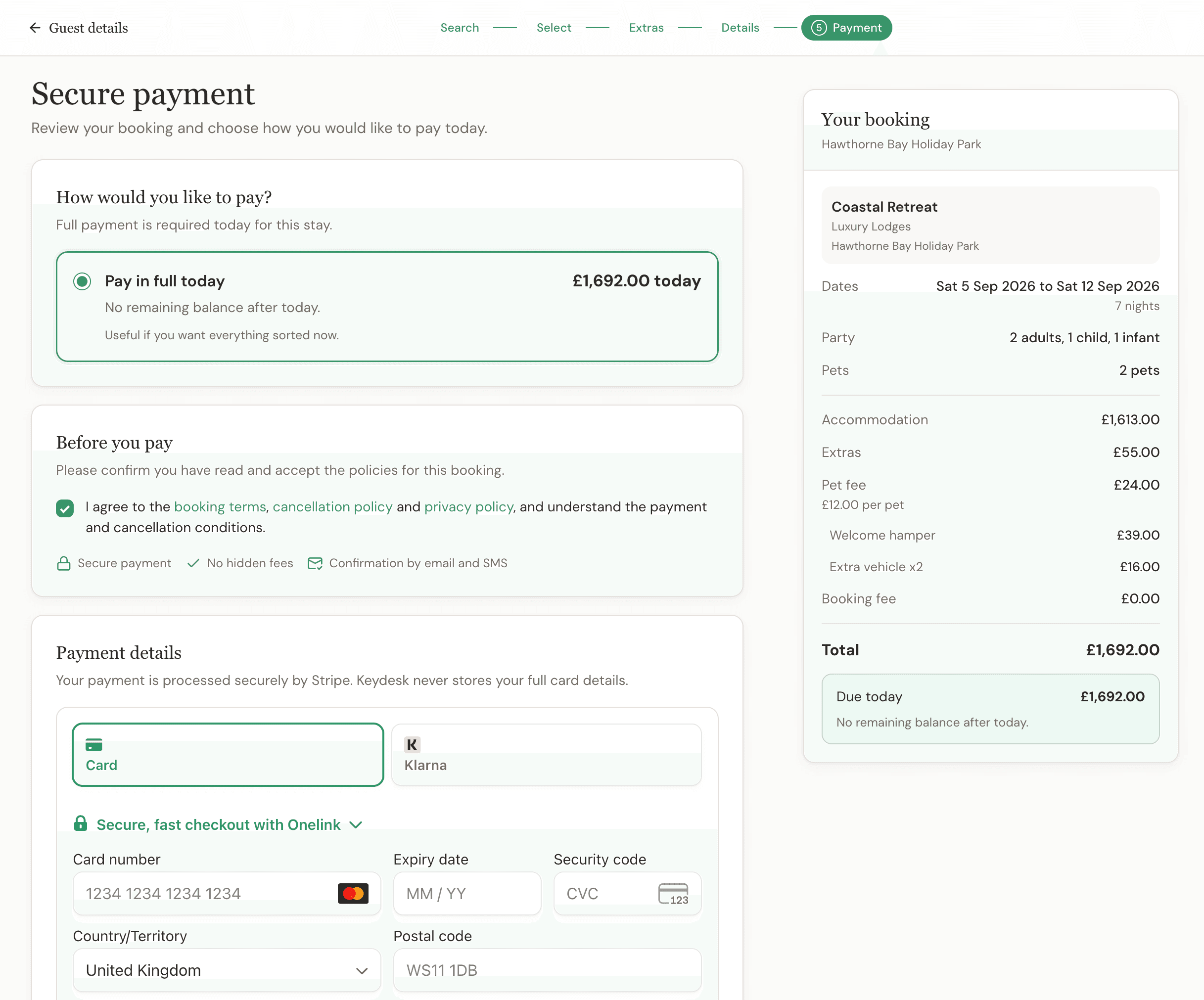 Keydesk Direct secure guest payment screen with booking total